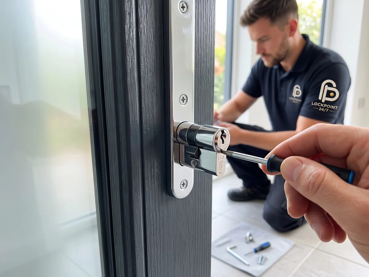 Close-up of a locksmith inspecting a residential euro cylinder