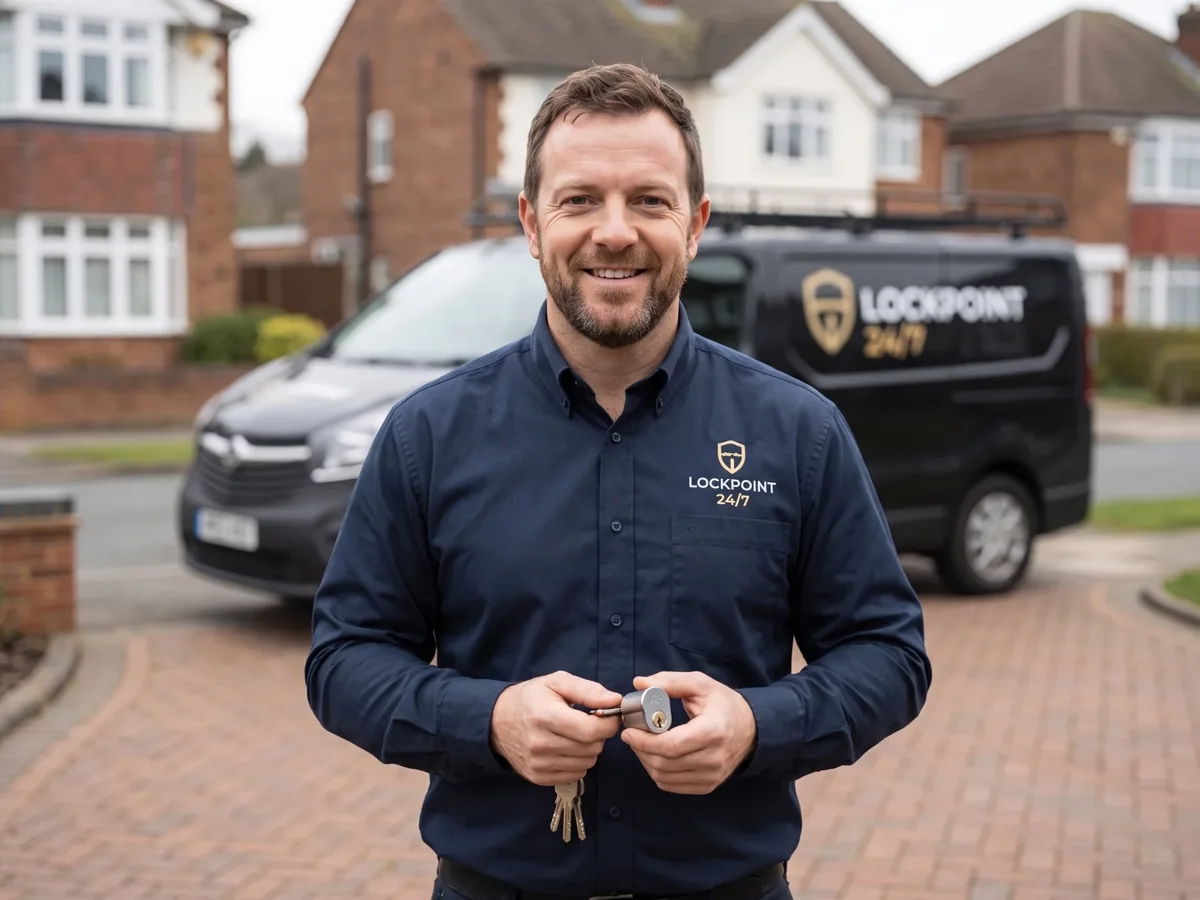 LOCKPOINT residential locksmith standing in front of a service van